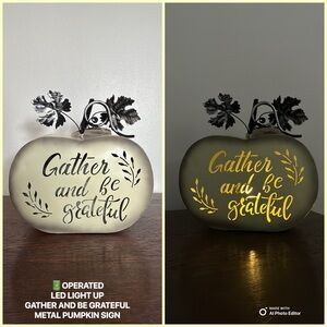 NWT- LED Light Up- Gather And Be Grateful Cream Metal Pumpkin w/ Metal Leaves